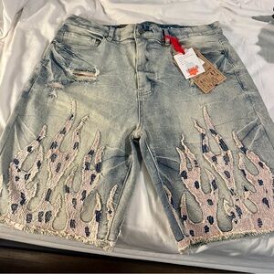 Stylish Distressed Jean Shorts with Flame Design